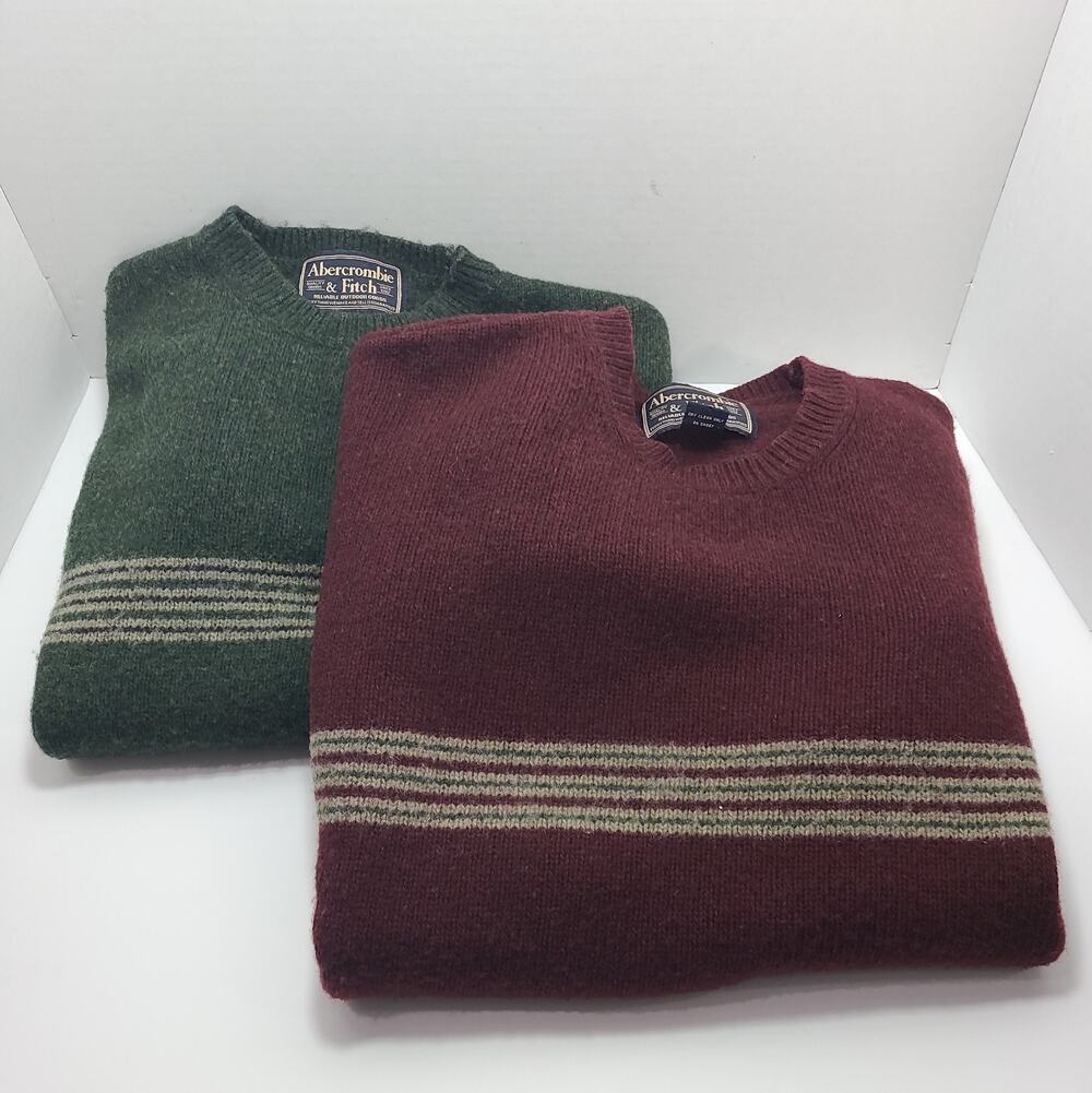 2 Abercrombie Fitch Men’s XL Sweaters Lambswool Blend Striped Green & Maroon